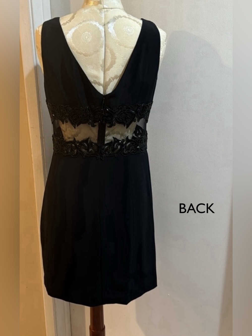 Cache Vintage LBD Sheer Sides Black Seed Beaded Chic Lined Midi Sheath Dress 8